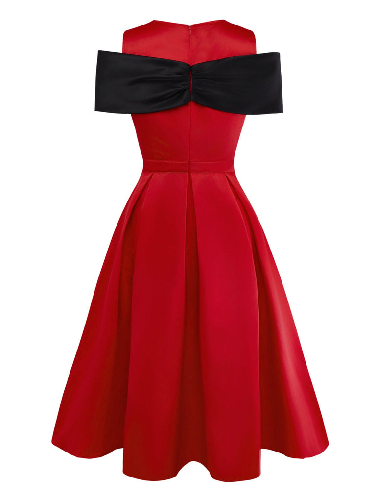 [Vorverkauf] Rot 1950er Satin Bogen Ärmel Swing Kleid