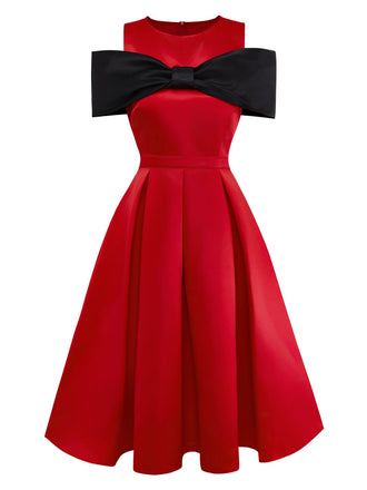 [Vorverkauf] Rot 1950er Satin Bogen Ärmel Swing Kleid