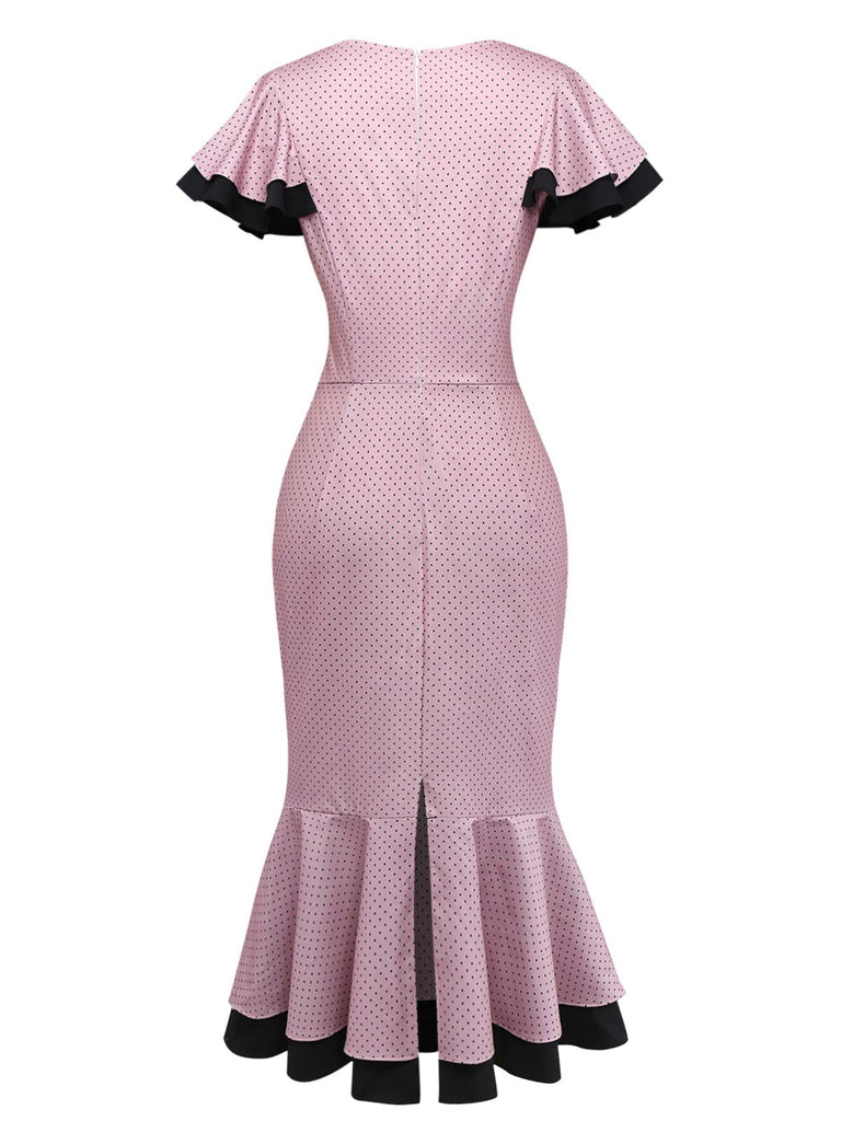 [Vorverkauf] Rosa & Schwarz 1930er Rüschen Punkt V-Ausschnitt Kleid