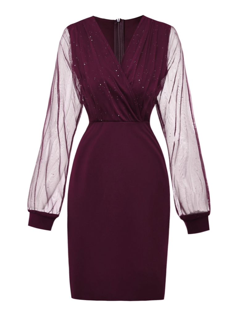 Schwarz 1960er Solide Glitzer V-Ausschnitt Netz Körperbetont Kleid