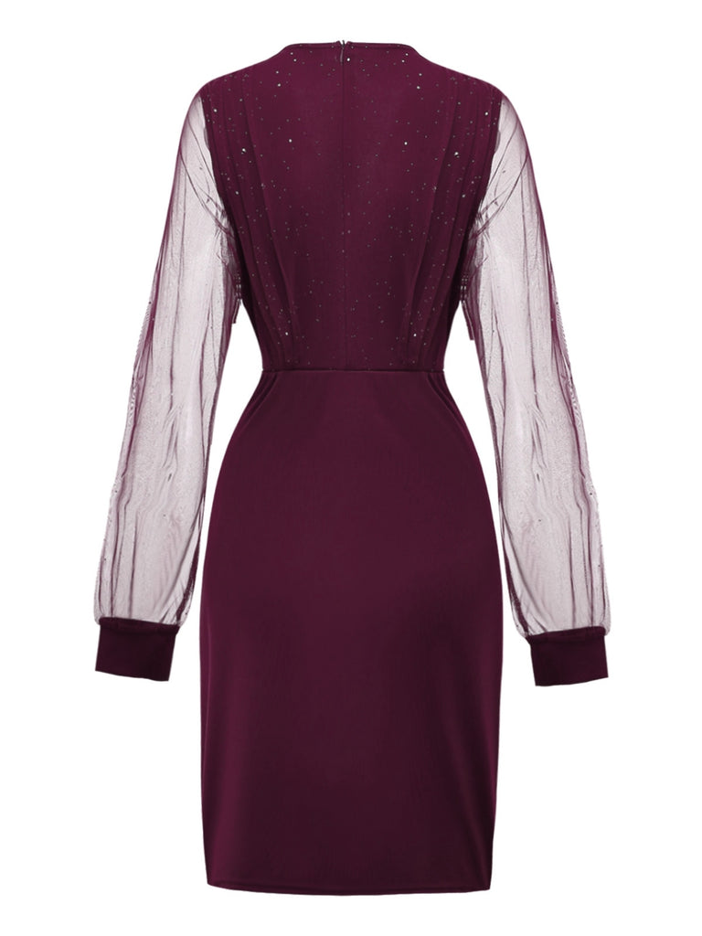 Schwarz 1960er Solide Glitzer V-Ausschnitt Netz Körperbetont Kleid