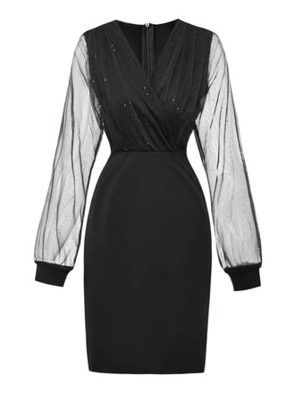 Schwarz 1960er Solide Glitzer V-Ausschnitt Netz Körperbetont Kleid