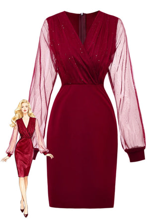 1960er Solide Glitzer V-Ausschnitt Netz Körperbetont Kleid