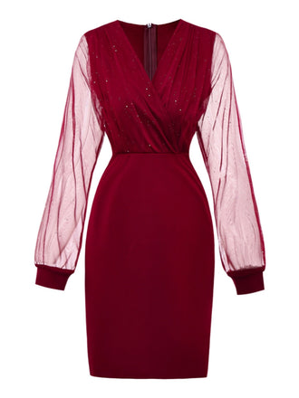 1960er Solide Glitzer V-Ausschnitt Netz Körperbetont Kleid