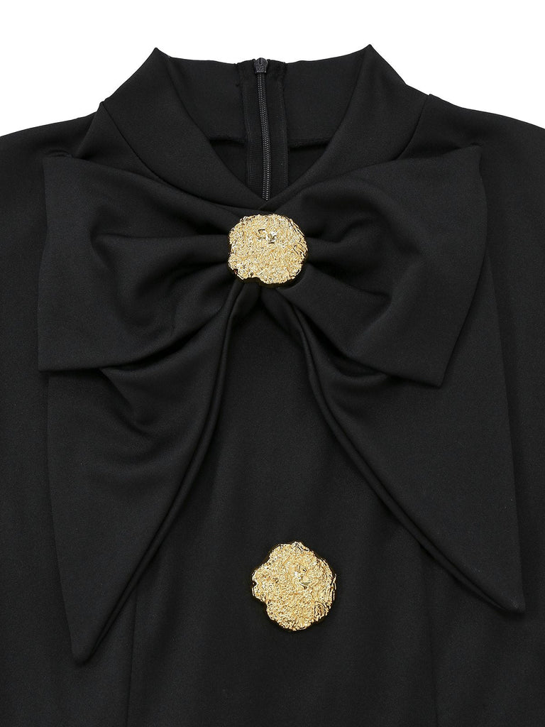 Schwarz 1930er Bogen Kragen Metall Taste Vorder Schlitz Kleid