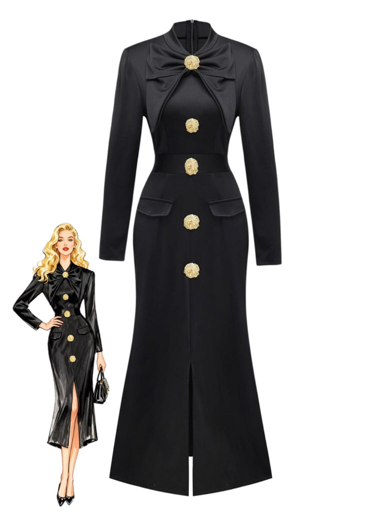 Schwarz 1930er Bogen Kragen Metall Taste Vorder Schlitz Kleid