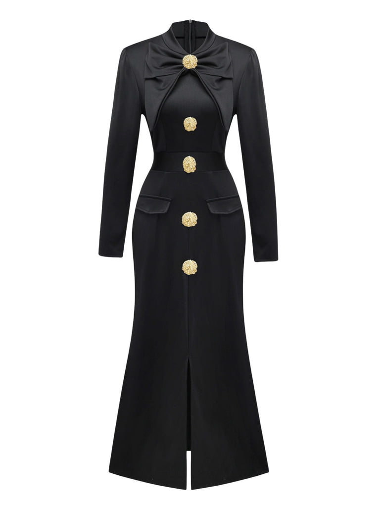 Schwarz 1930er Bogen Kragen Metall Taste Vorder Schlitz Kleid