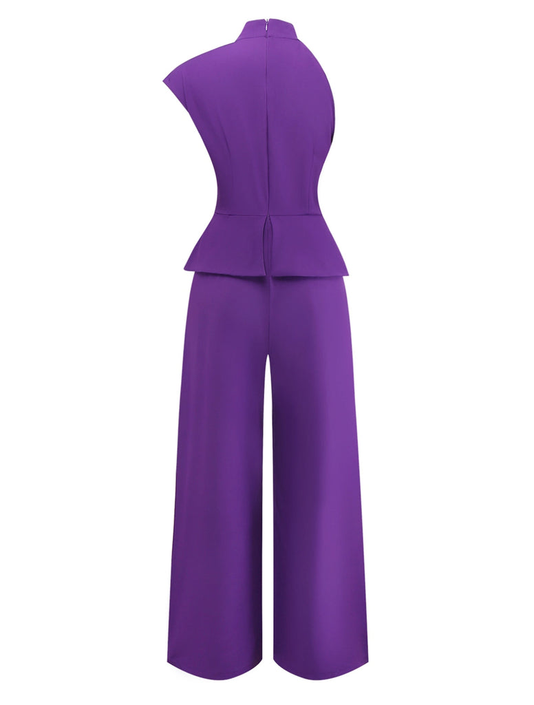 Lila 1980er Solide Unregelmäßig Ärmel Tailliert Jumpsuit