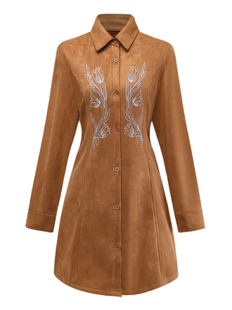 Braun 1970er Revers Blumen Besticktes Kunstwildleder Kleid