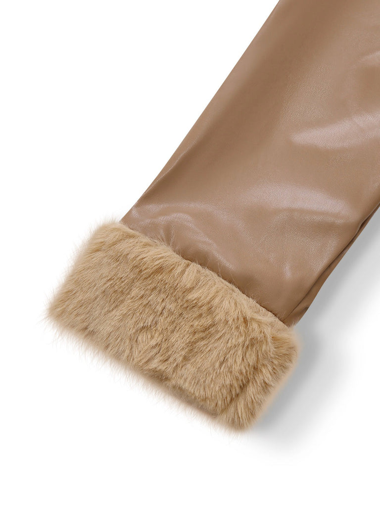 Khaki 1940er PU Leder Kunst Pelz Kragen Gürtel Mantel