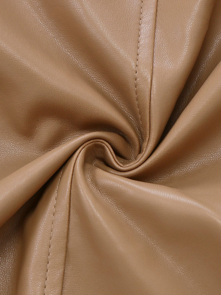 Khaki 1940er PU Leder Kunst Pelz Kragen Gürtel Mantel