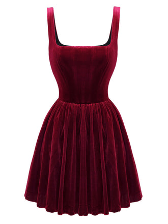 1970er Solide Quadratischer Hals Samt Mini Kleid