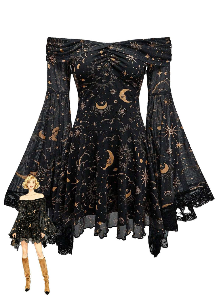 1980er Stern & Mond & Sonnengesicht Schulterfrei Glockenärmel Kleid