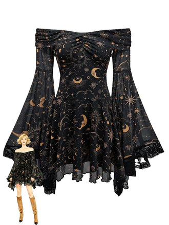 1980er Stern & Mond & Sonnengesicht Schulterfrei Glockenärmel Kleid