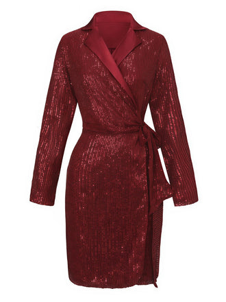 1960er Revers Pailletten Taille Bindung Lang Jacke