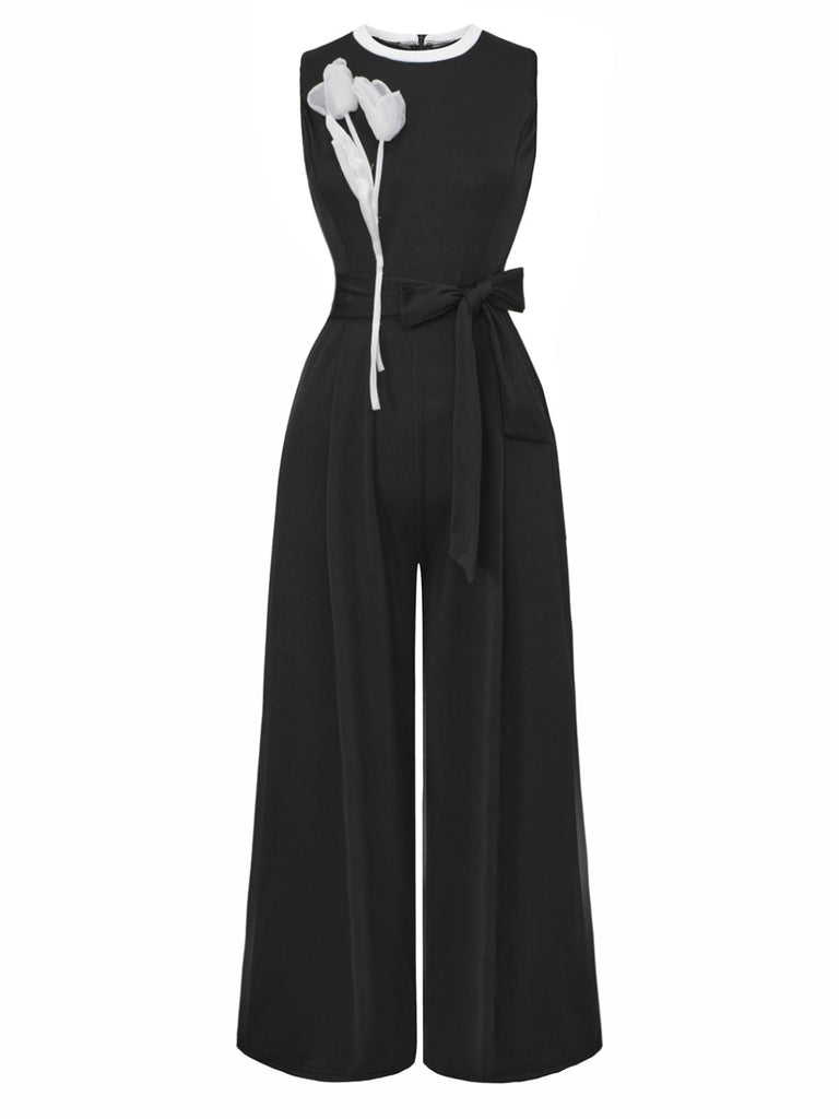 Schwarz 1950er 3D-Blumen Ärmellos Schnür Jumpsuit