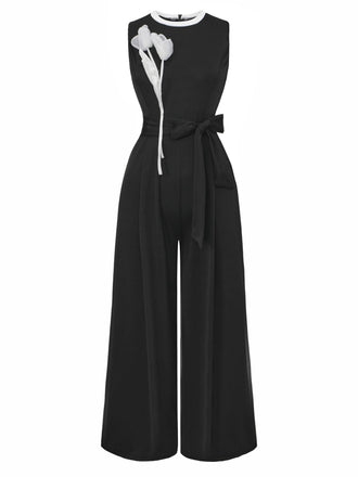 Schwarz 1950er 3D-Blumen Ärmellos Schnür Jumpsuit