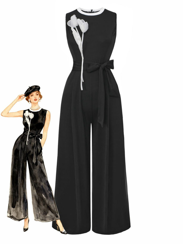Schwarz 1950er 3D-Blumen Ärmellos Schnür Jumpsuit