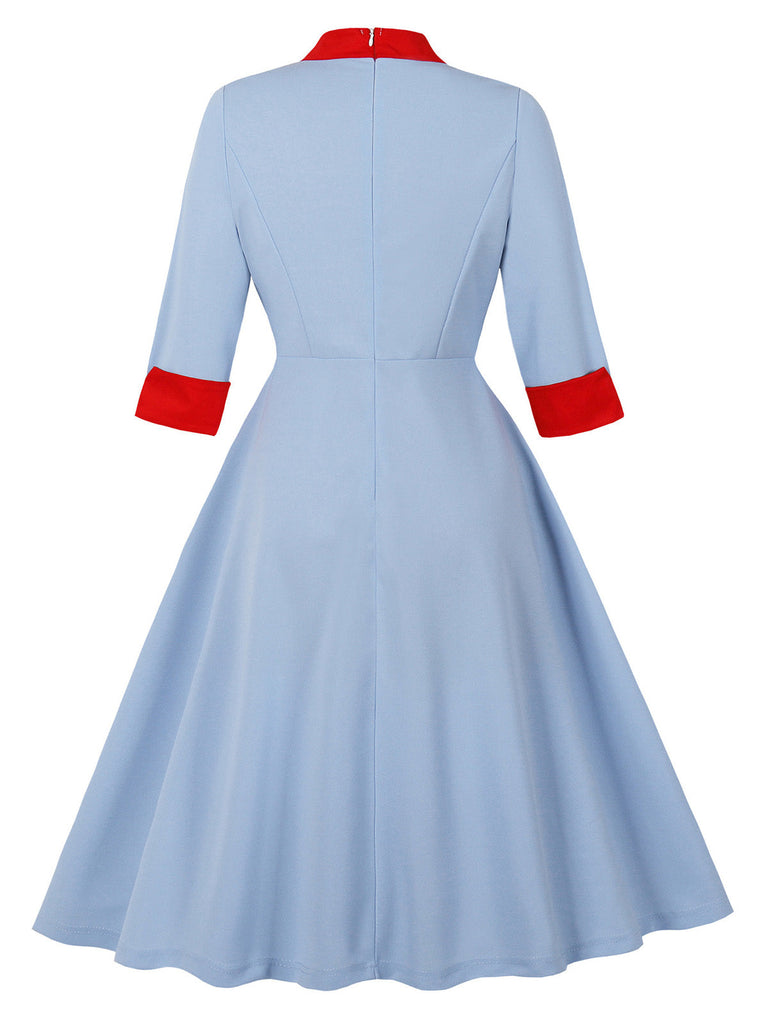 Blau 1950er Kontrast Bindehals Hoch Kragen Kleid