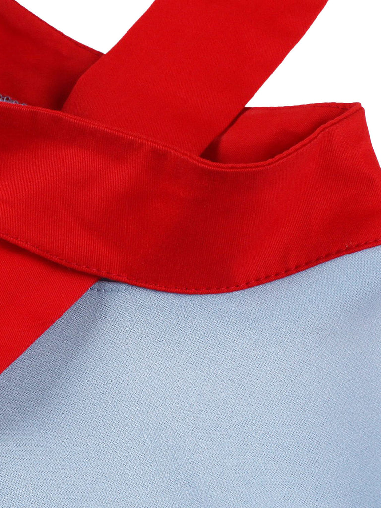 Blau 1950er Kontrast Bindehals Hoch Kragen Kleid