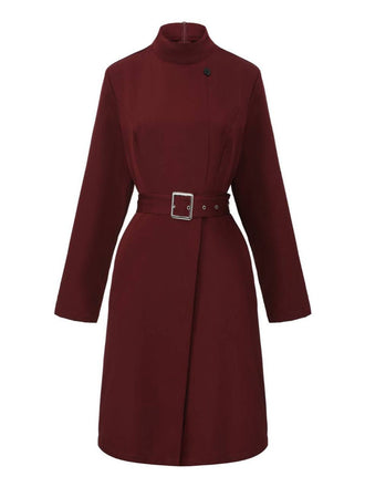 1940er Solide Rollkragen Gürtel Tasche Kleid