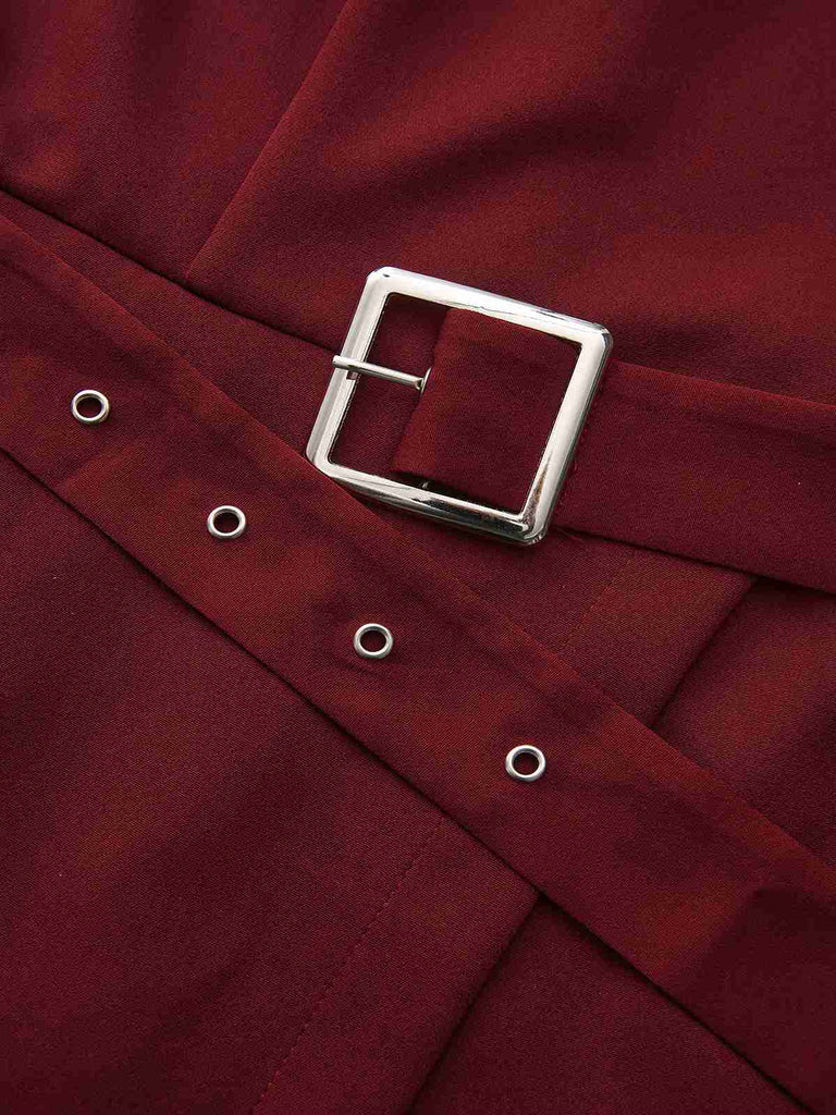 1940er Solide Rollkragen Gürtel Tasche Kleid