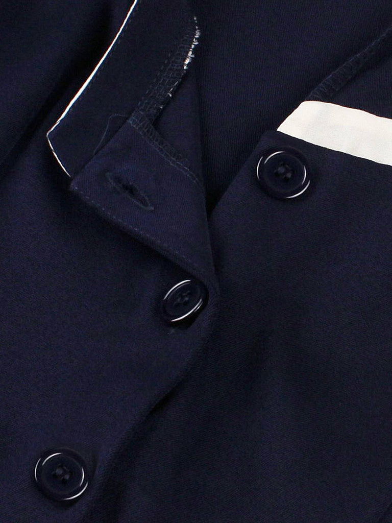 Marineblau 1950er Nautisch Quadratischer Hals Gürtel Kleid