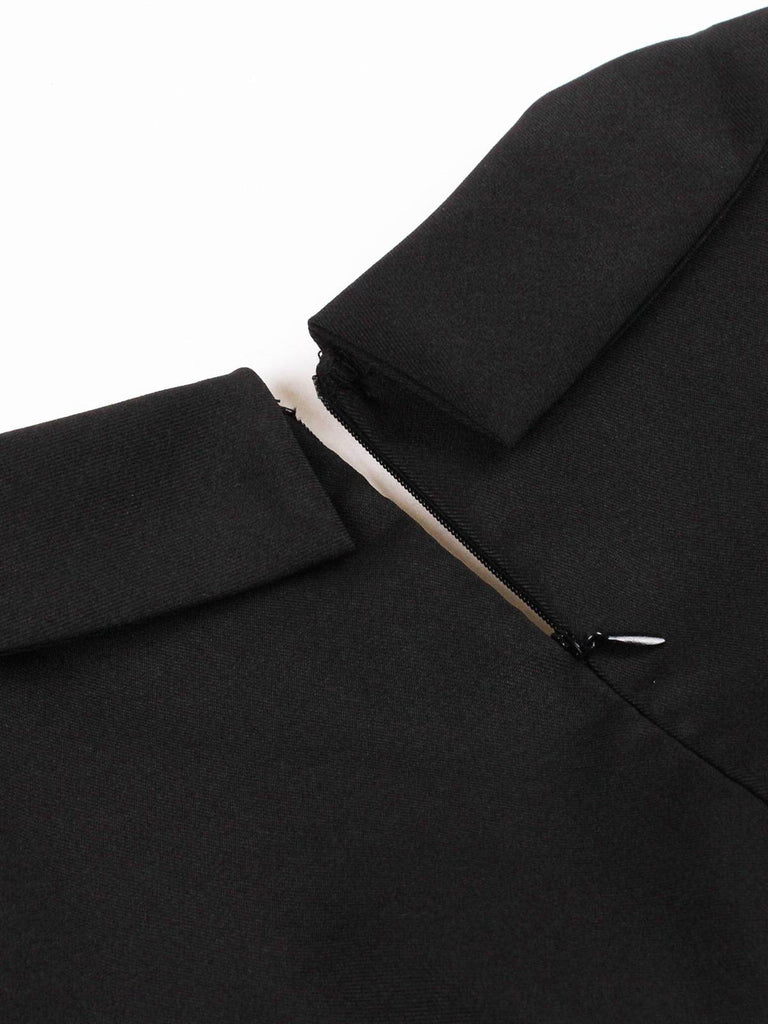 Schwarz 1950er Solide 3D Rose Revers Swing Kleid