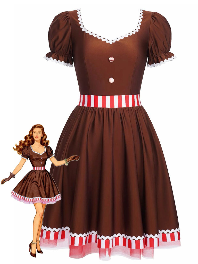 [Vorverkauf] Rot 1950er Lebkuchenmann Streifen Patchwork Kleid