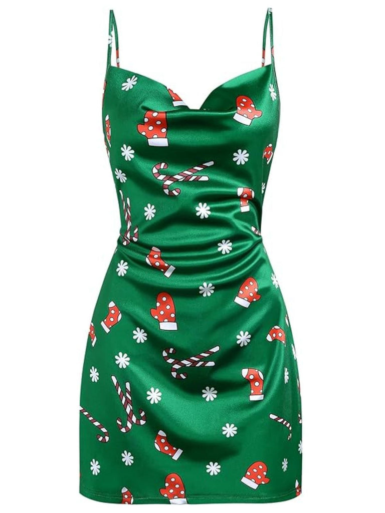 [Vorverkauf] Grün 1960er Weihnachten Wasserfallausschnitt Slip Kleid