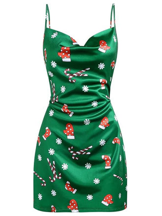 [Vorverkauf] Grün 1960er Weihnachten Wasserfallausschnitt Slip Kleid