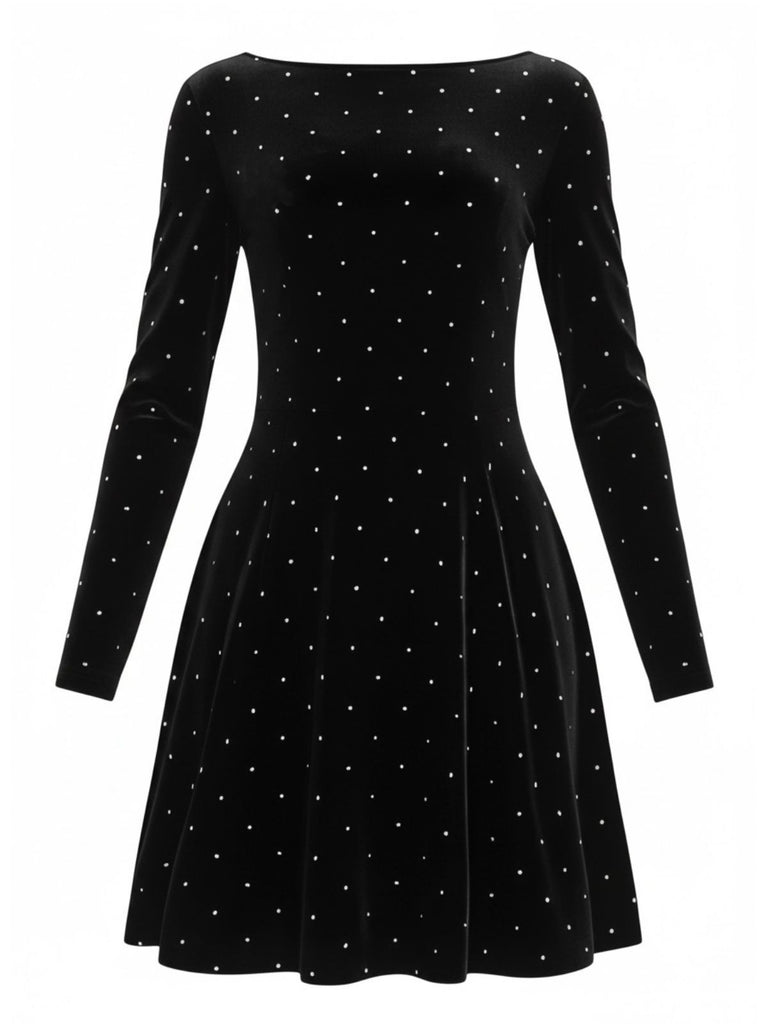 1980er Samt Strassstein Tailliert Party Kleid