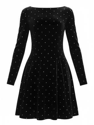 Schwarz 1980er Samt Strassstein Tailliert Party Kleid