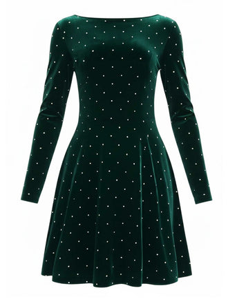 Dunkelgrün 1980er Samt Strassstein Tailliert Party Kleid