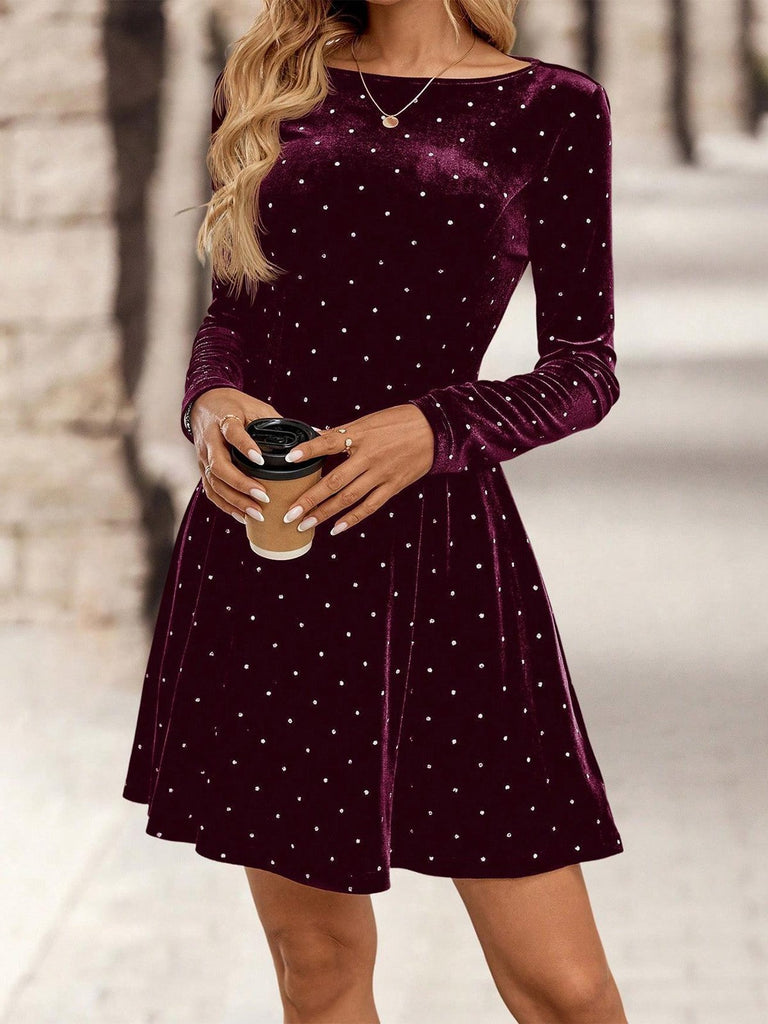 1980er Samt Strassstein Tailliert Party Kleid