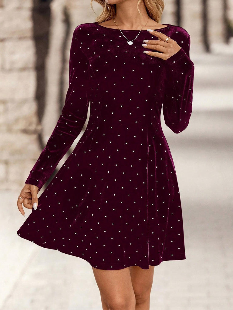 1980er Samt Strassstein Tailliert Party Kleid