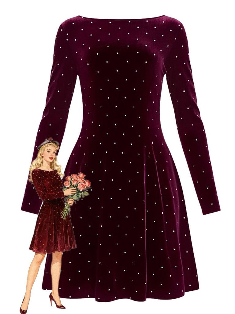 1980er Samt Strassstein Tailliert Party Kleid