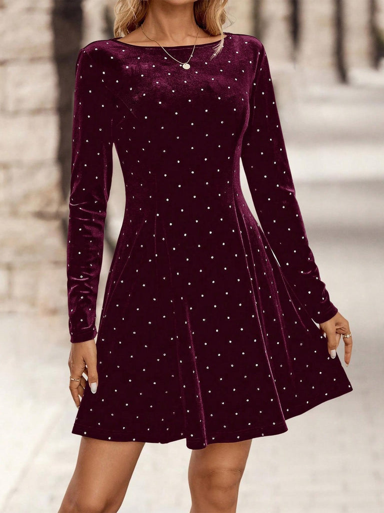 1980er Samt Strassstein Tailliert Party Kleid