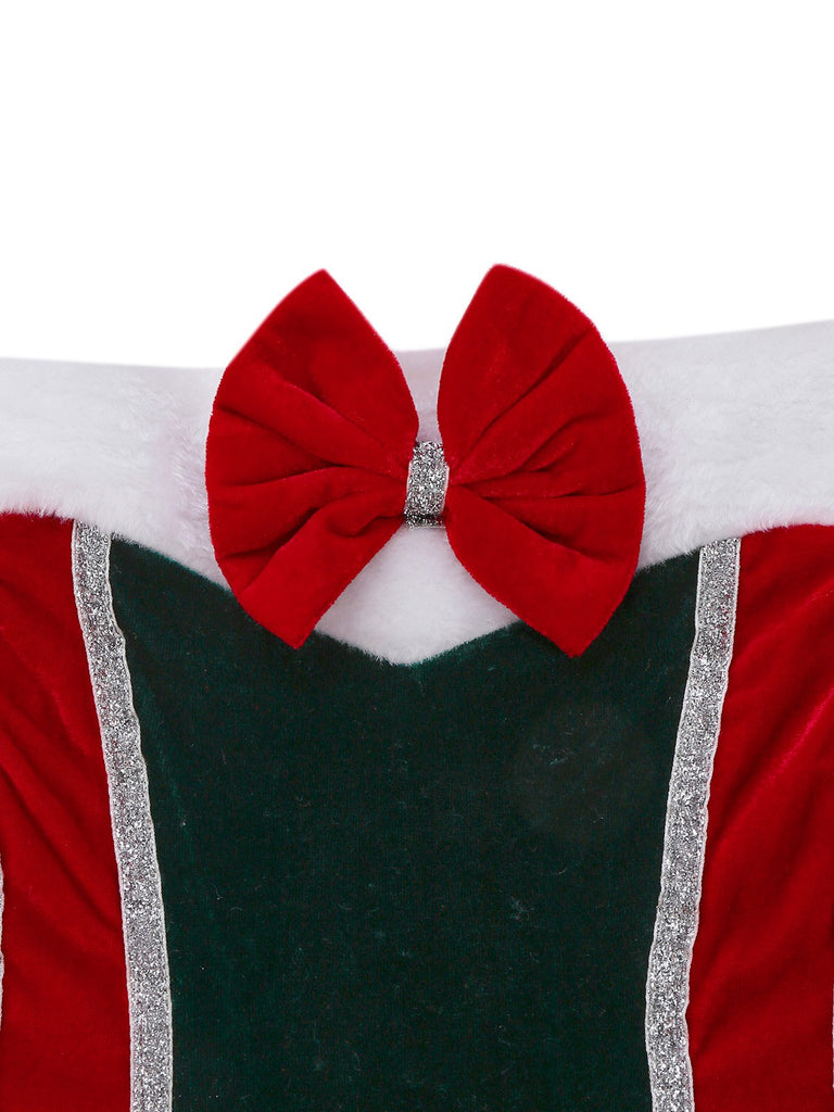 1960er Trägerlos Samt Weihnachten Pelzbesatz Bogen Kleid Set