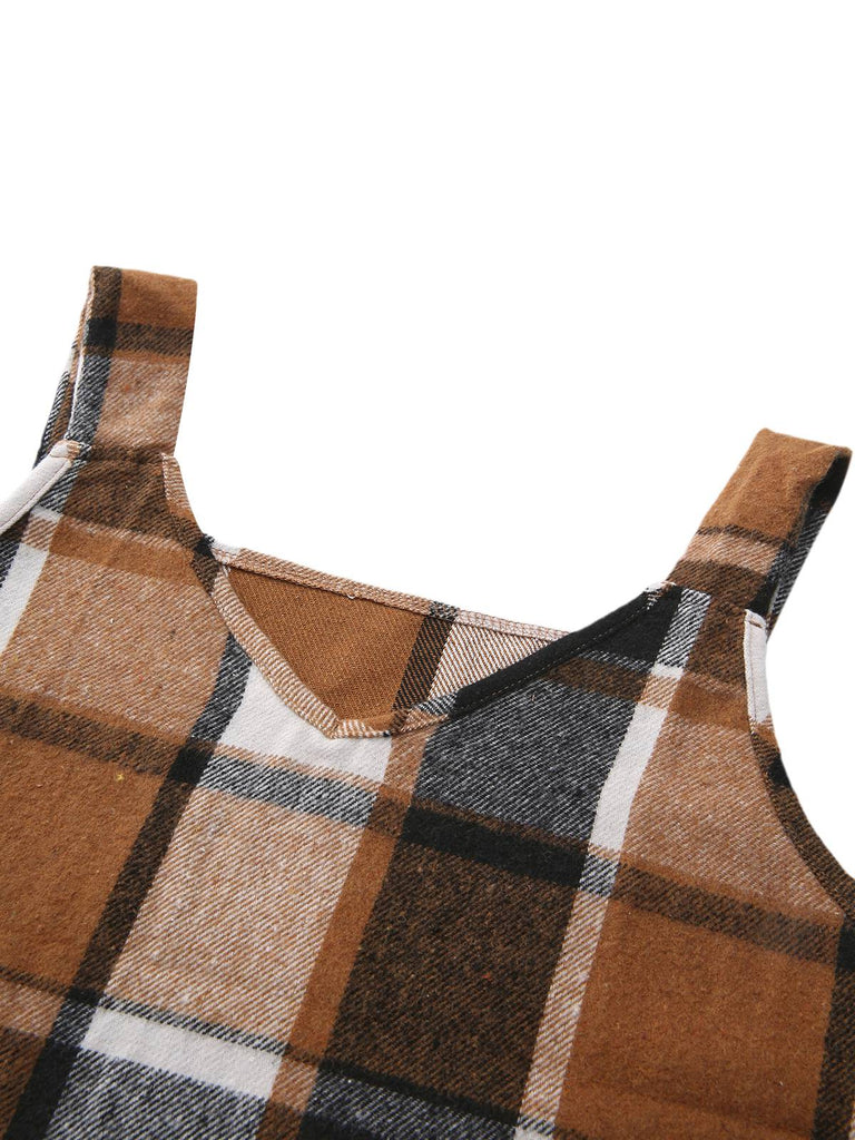Braun 1970er Kariert V-Ausschnitt Tasche Overall Kleid