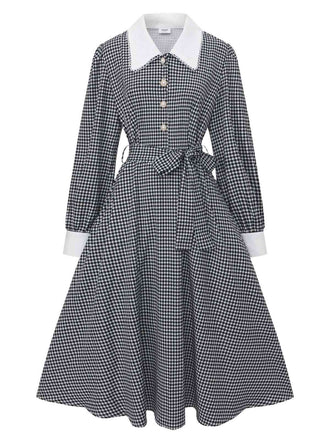 Schwarz 1940er Hahnentritt Puffärmel Perlen Taste Kleid
