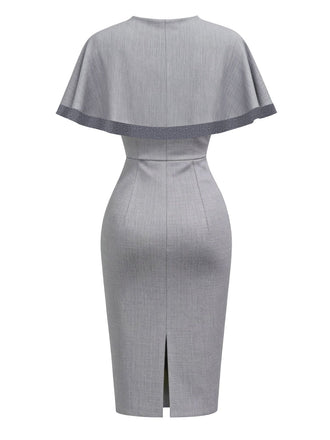 [Vorverkauf] Grau 1960er Solide Bogen Caped Midi Bodycon Kleid