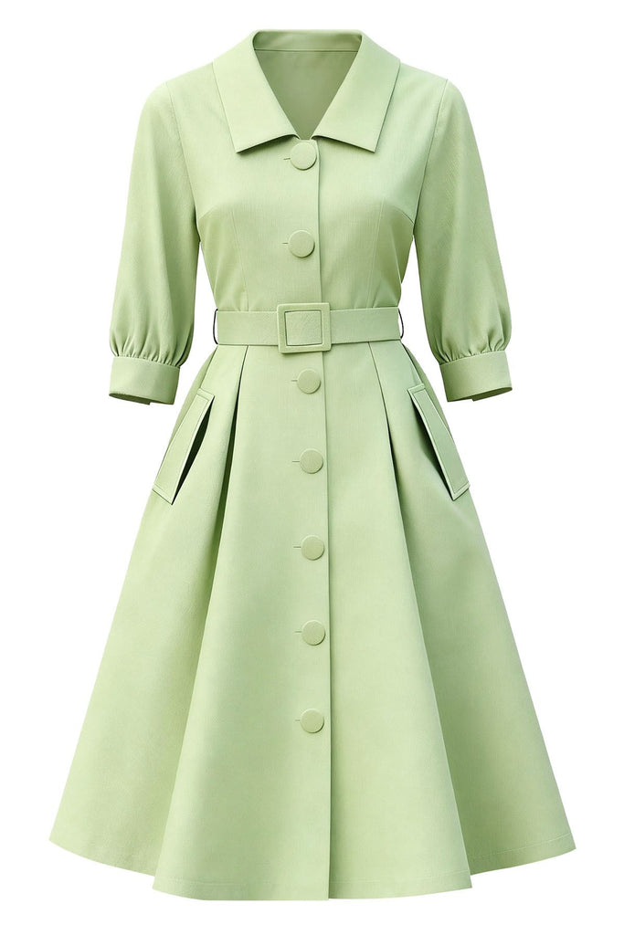 [Vorverkauf] Chartreuse 1950er Solide Dreiviertelärmel Tasten Kleid
