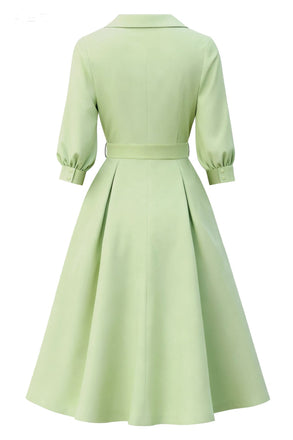 [Vorverkauf] Chartreuse 1950er Solide Dreiviertelärmel Tasten Kleid