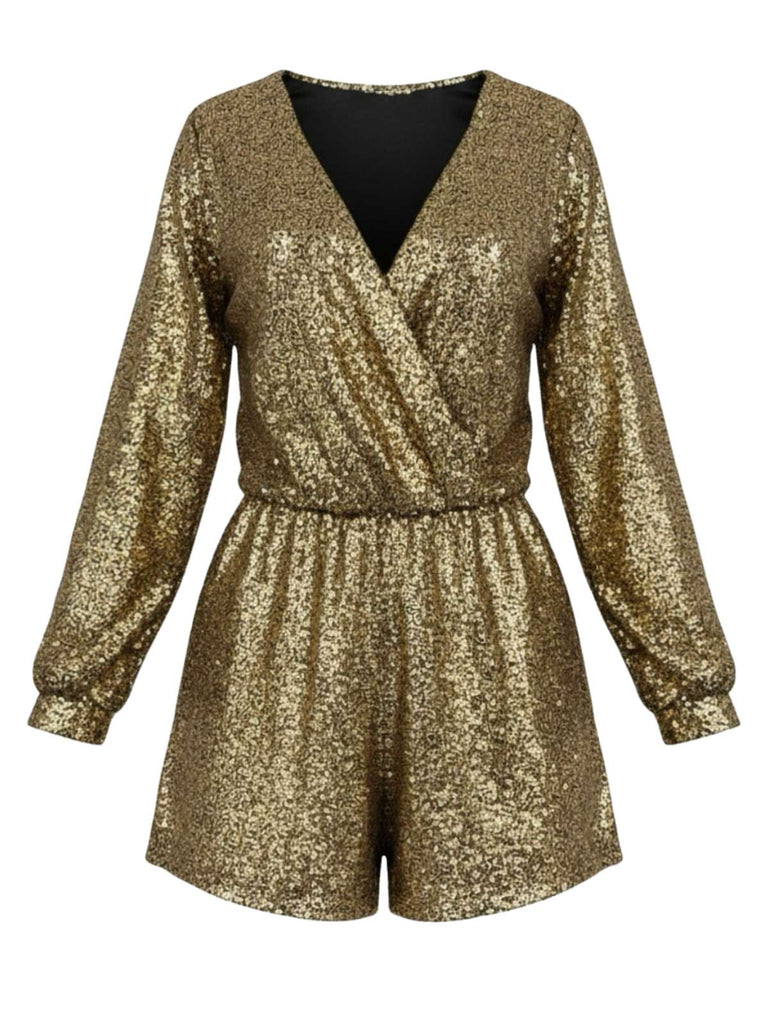 Gold 1970er V-Ausschnitt Pailletten Langarm Romper