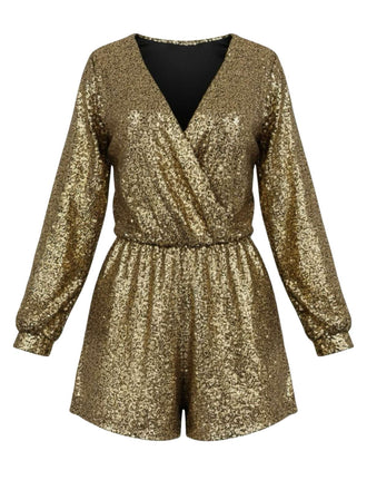 Gold 1970er V-Ausschnitt Pailletten Langarm Romper