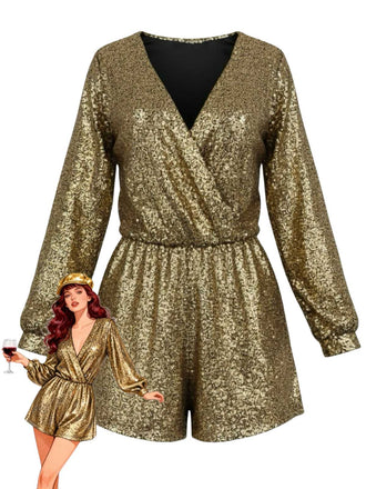 Gold 1970er V-Ausschnitt Pailletten Langarm Romper