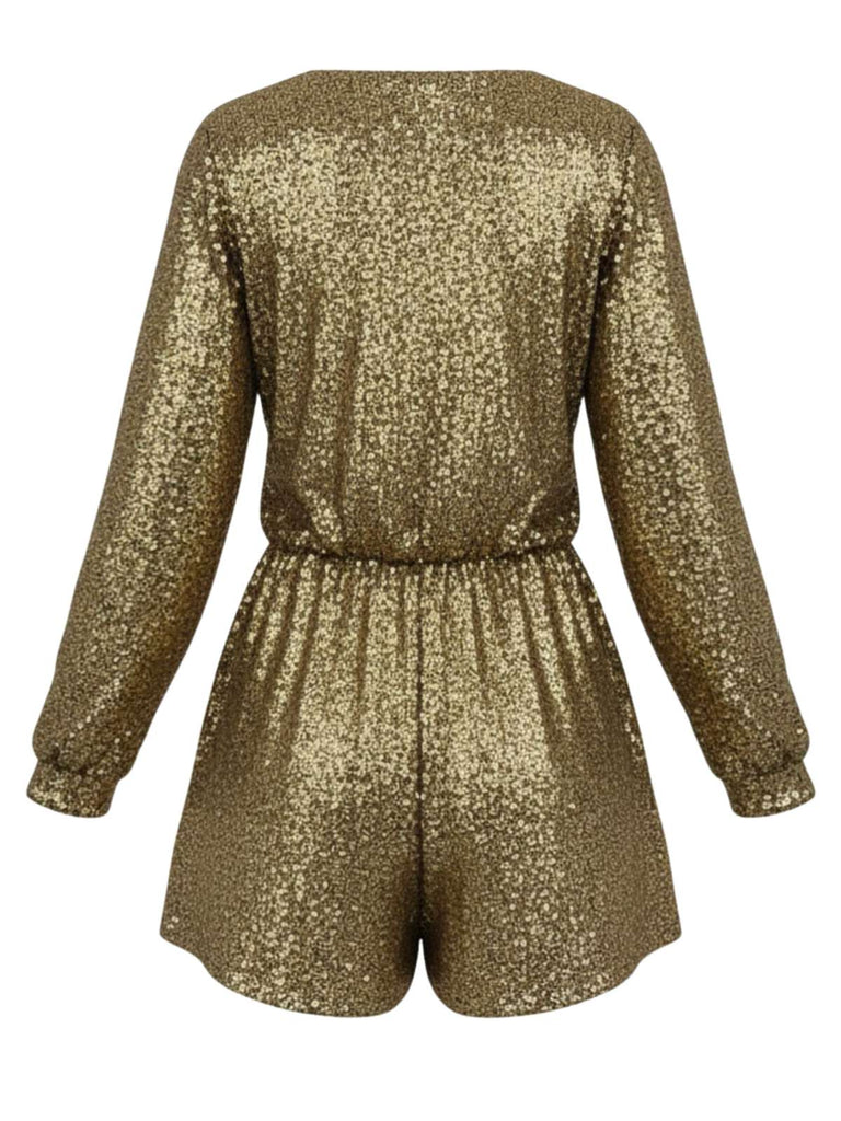 Gold 1970er V-Ausschnitt Pailletten Langarm Romper