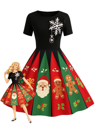 Schwarz 1950er Weihnachten Schneeflocke Swing Kleid