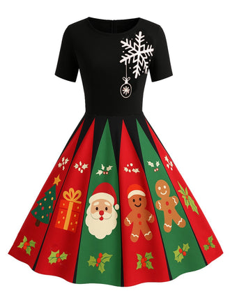 Schwarz 1950er Weihnachten Schneeflocke Swing Kleid
